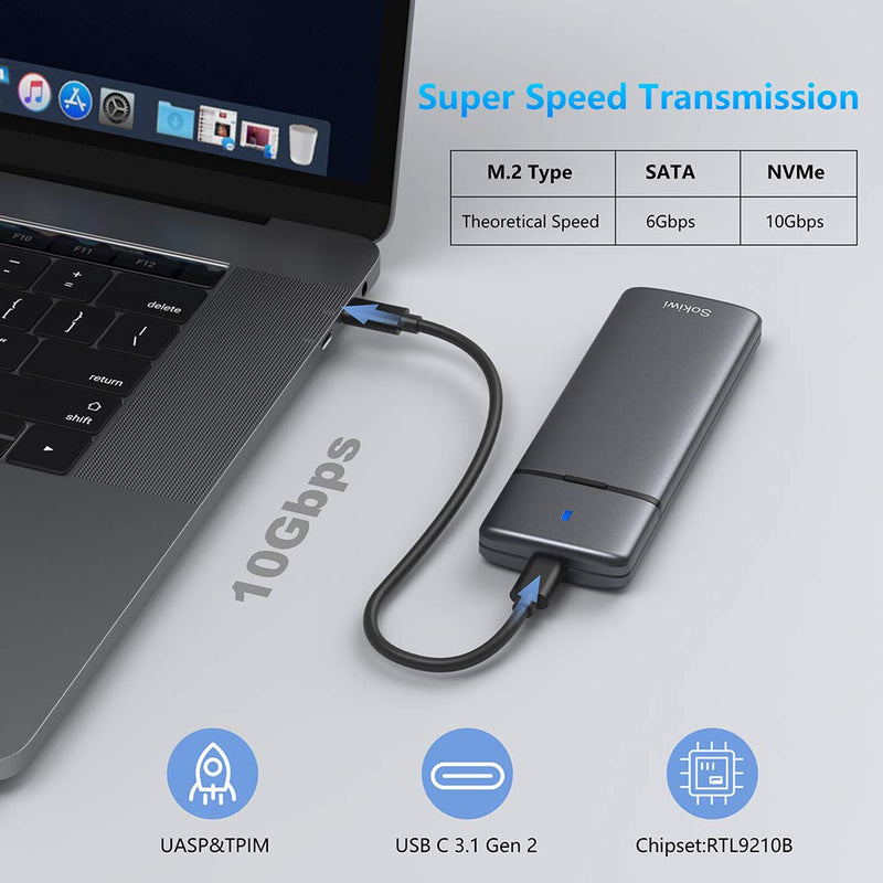 [Australia - AusPower] - M.2 NVMe SATA SSD Enclosure Adapter Tool-Free, USB 3.2 Gen2 10Gbps External NVMe to USB PCI-E 6Gbps SATA M-Key / B+M Key, NVMe Reader Support UASP Trim for SSDs 2230/2242/2260/2280 SKUD0501-US 