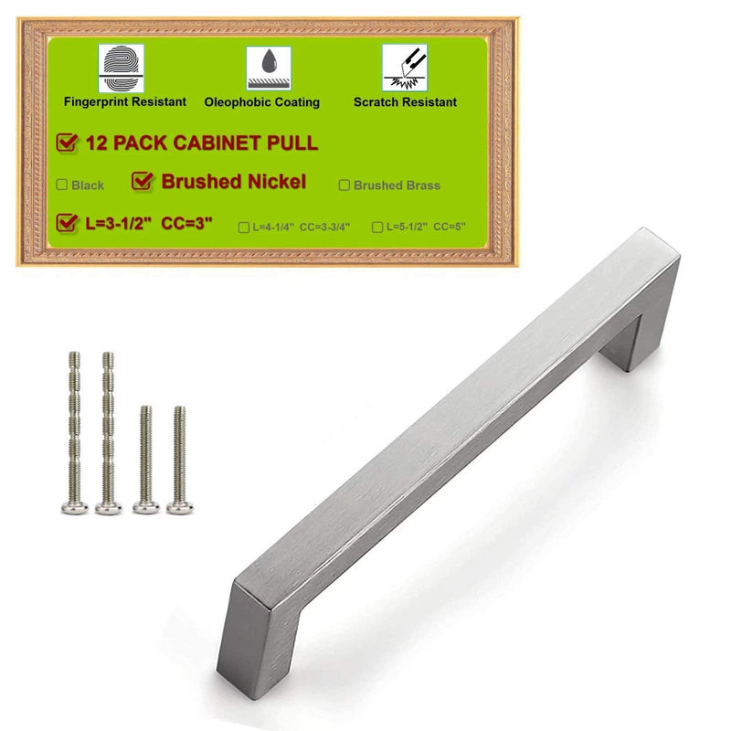 12 Pack Brushed Nickel Square Cabinet Pulls Knobs, 3" Hole Center Silver Kitchen Cabinet Door Handles, Cupboard Cabinet Hardware, Bar Drawer Pulls 3-1/2" Length (3" Hole Center) 12 Pack