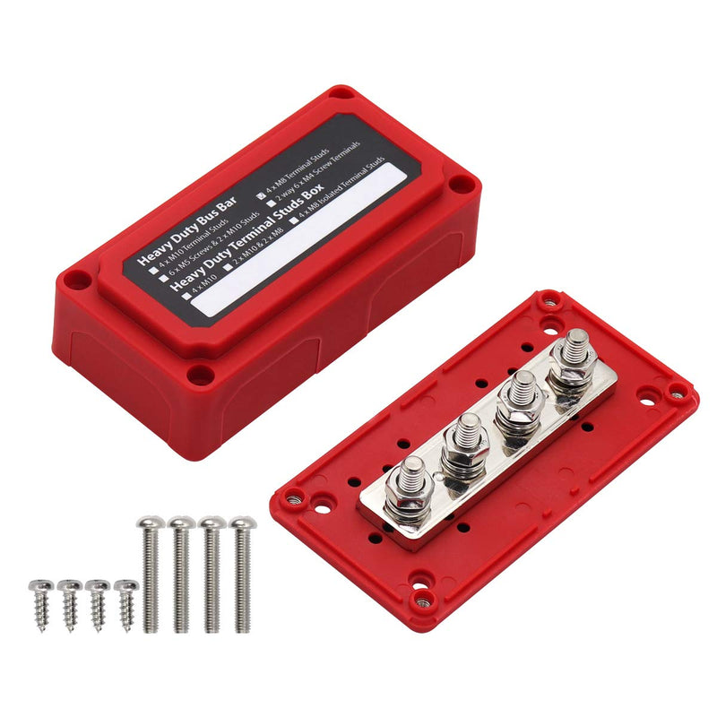 [Australia - AusPower] - T Tocas 300A Heavy Duty Bus Bar Box Nickel Plated Brass Buss 4xM8 (5/16") Stainless Steel Terminal Studs Module Design Power Distribution Block Battery Red 