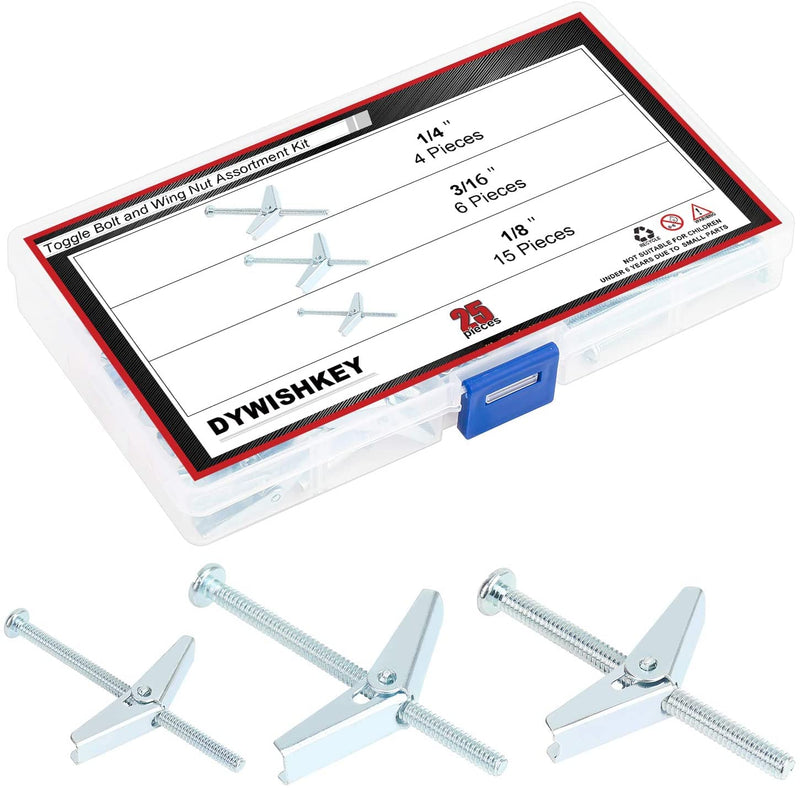 [Australia - AusPower] - 25 Pieces Toggle Bolt and Wing Nut Assortment Kit, 1/4" 3/16" 1/8" for Hanging Heavy Items on Drywall 