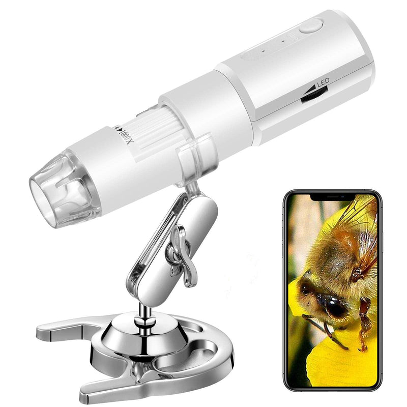 Wireless Digital Microscope 50X-1000X Handheld Portable Mini WiFi USB Microscope Camera with 8 LED Lights for iPhone/iPad/Smartphone/Tablet/PC- White Bright white