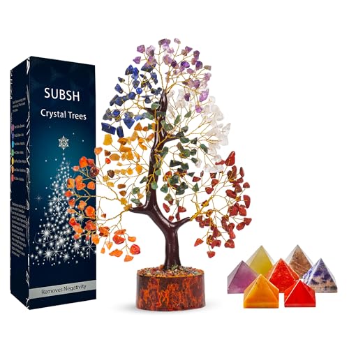 Seven Chakra Gemstone Tree with Chakra Pyramids, Crystal Tree, Fake Plants Home Decor, Crystals, Birthday gifts for women, Office Desk Accessories, Crystals and Healing Stones, Room Decor, Gift 10-12" Seven Chakra C12