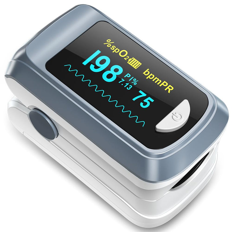 [Australia - AusPower] - Fingertip Pulse Oximeter Blood Oxygen Saturation Monitor Pulse Ox, Heart Rate and Fast Spo2 Reading Oxygen Meter with OLED Screen Included Lanyard and 2 X AAA Batteries Gray 