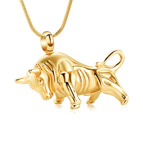 Bullfight Shaped Cremation Urn Necklace for Ashes Memorial Pendant Necklace for Men,Cremation Jewelry for Dog's Cat's Ashes Gold