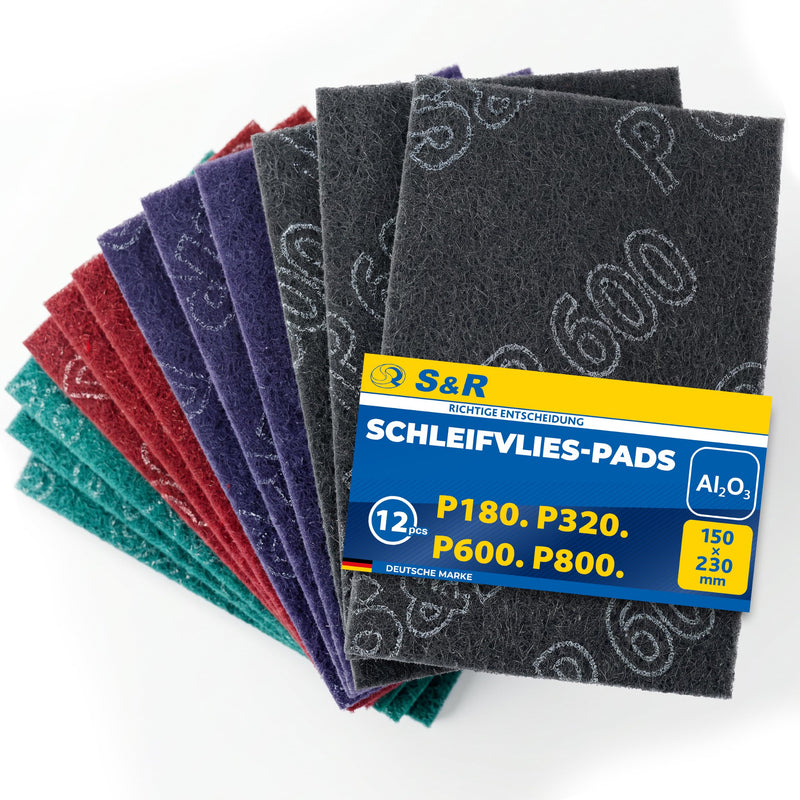 S&R Sanding Fleece Pads - Set of 12 Sanding Fleece Mats, Sanding Fleece for Metal, Wood, Steel & Stainless Steel, Sanding Fleece for Sanding & Polishing, Grit P180-P320-P600-P800