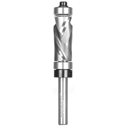 Yonico spiral flush trim router bit with top and bottom bearings, compression cutting, 1/4-inch shank, 33207q