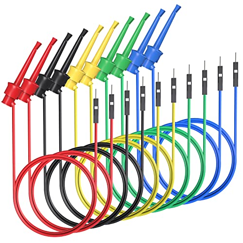 Test Hook Clips to Breadboard Male Jumper Wires (Pack of 10) | Soft flexible silicone, test leads for electrical testing