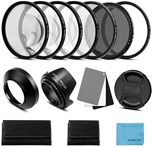 62mm Lens Filter Accessories Kit:UV CPL Adjustable ND Filter(ND2-ND400),Macro Close up Filter Set(+1,+2,+4,+10),Lens Hood,3 in 1 Grey Card for Canon Nikon Sony Pentax Olympus Fuji DSRL Camera 62mm