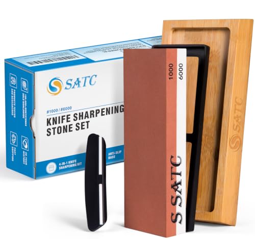 S SATC Sharpening Stone Knife Grit 1000/6000 Whetstone Professional Sharpening Stone 4-in-1 Knife Sharpening Stone Sharpening Stone with Non-Slip Bamboo Base and Angle Guide 4 In 1