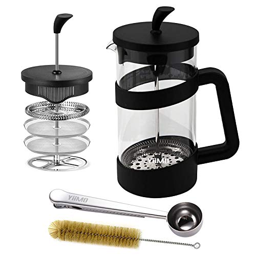 French Press Coffee Maker, 34 Oz Large Glass Pitcher 4 Level Filter System Café Carafe Teapot plus Stainless Coffee Spoon n Cleaner Brush for Hot Cold Brew