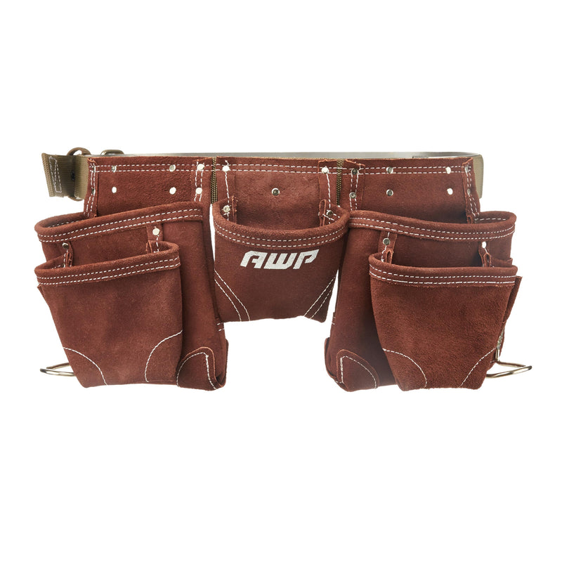 AWP Suede Leather General Construction Tool Pouch Apron | 11-Pocket Tool Organization Work Belt | Brown | Fits Up to 50" Waist Size 50 inches Suede Leather wit Leather Hammer Loops