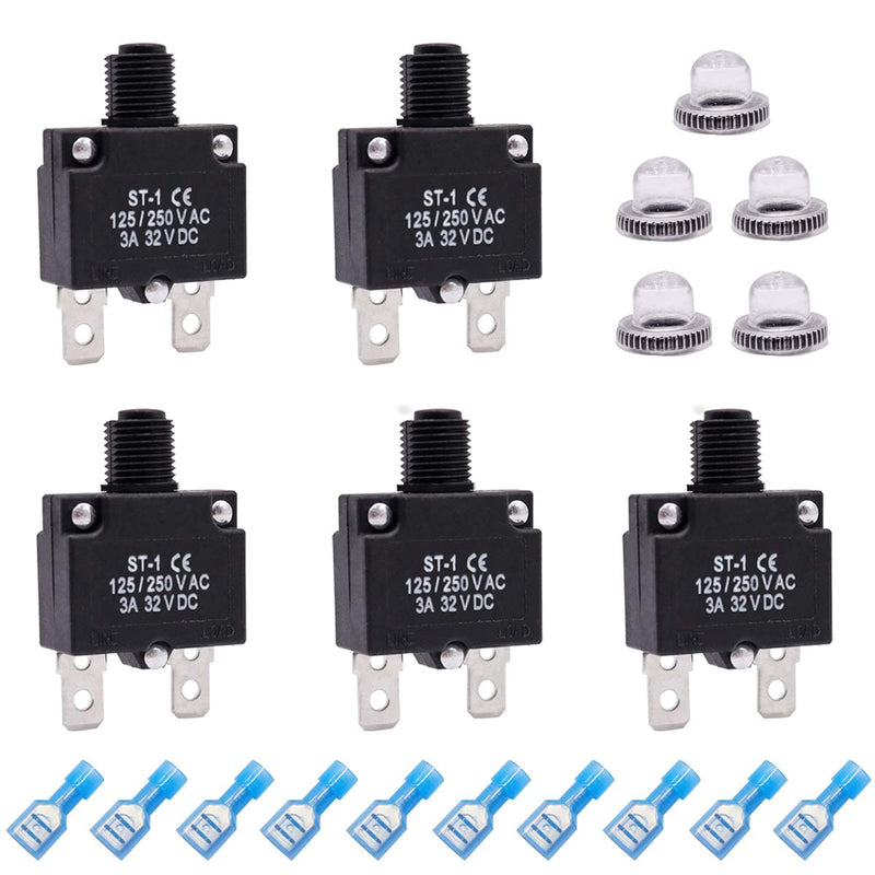 [Australia - AusPower] - mxuteuk 5Pcs 3Amp Circuit Breakers Push Button Manual Reset 125/250V AC 32V DC,Overload Protector Switch Thermal Circuit Breakers with Quick Connect Terminals and Waterproof Button Caps ST1-5-3A 3A 