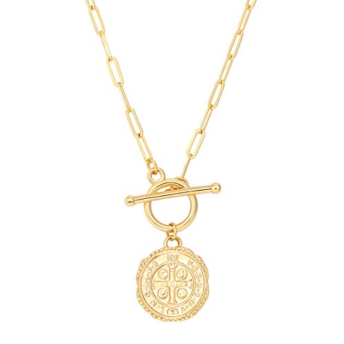 SOFYBJA Saint Benedict Necklace Drop 18K Gold Toggle Medallion Coin Cross Pendant Necklaces Religious Jewelry Catholic Gift for Women St Benedict Medal