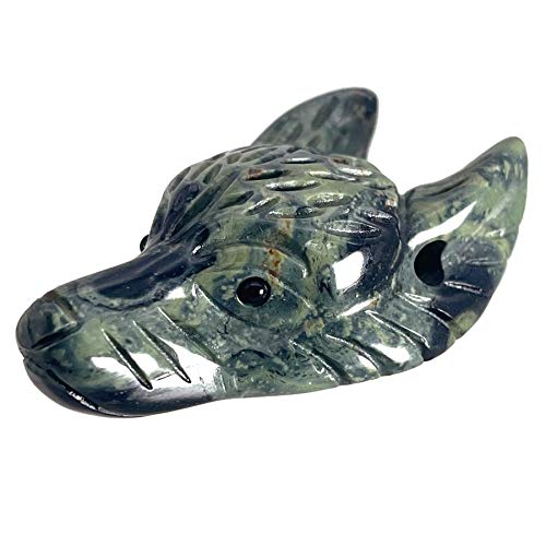 Handcarved Wolf Head Animal Statue Figurine, Pocket Healing Crystal Sculpture Ear Drilled 1.5", Kambaba Jasper Green Kambaba Jasper