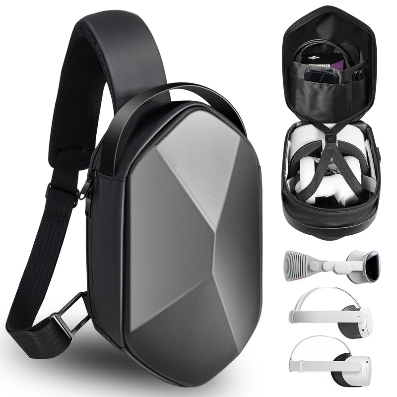 [Australia - AusPower] - Carrying Travel Case for Oculus Meta Quest 2, Quest 3, Apple Vision Pro Accessories, Expandable Capacity Fixed Storage Controllers and Head Strap and All, Crossbody Sling Backpack Black 