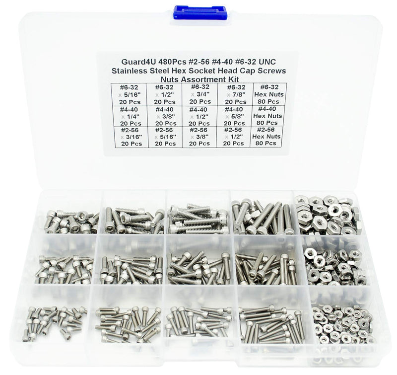 [Australia - AusPower] - 480Pcs #2-56#4-40#6-32 UNC Stainless Steel Hex Socket Head Cap Screws Nuts Assortment Kit #2-56,#4-40,#6-32 