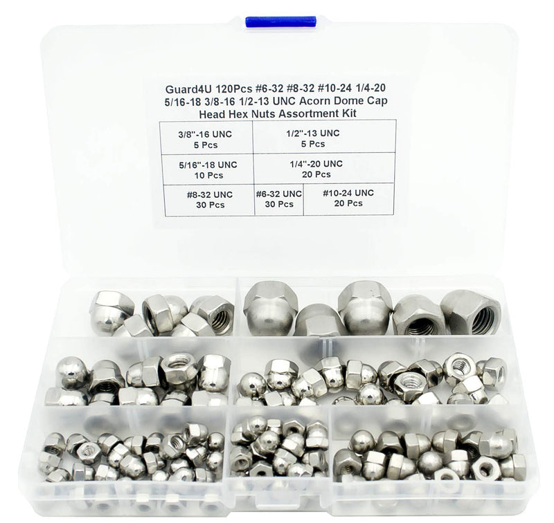 #6-32#8-32#10-24 1/4-20 5/16-18 3/8-16 1/2-13 UNC Acorn Dome Cap Head Hex Nuts Assortment Kit -120Pcs 7-Kinds 304 Stainless Steel Hexagon Decorative Cap Nuts