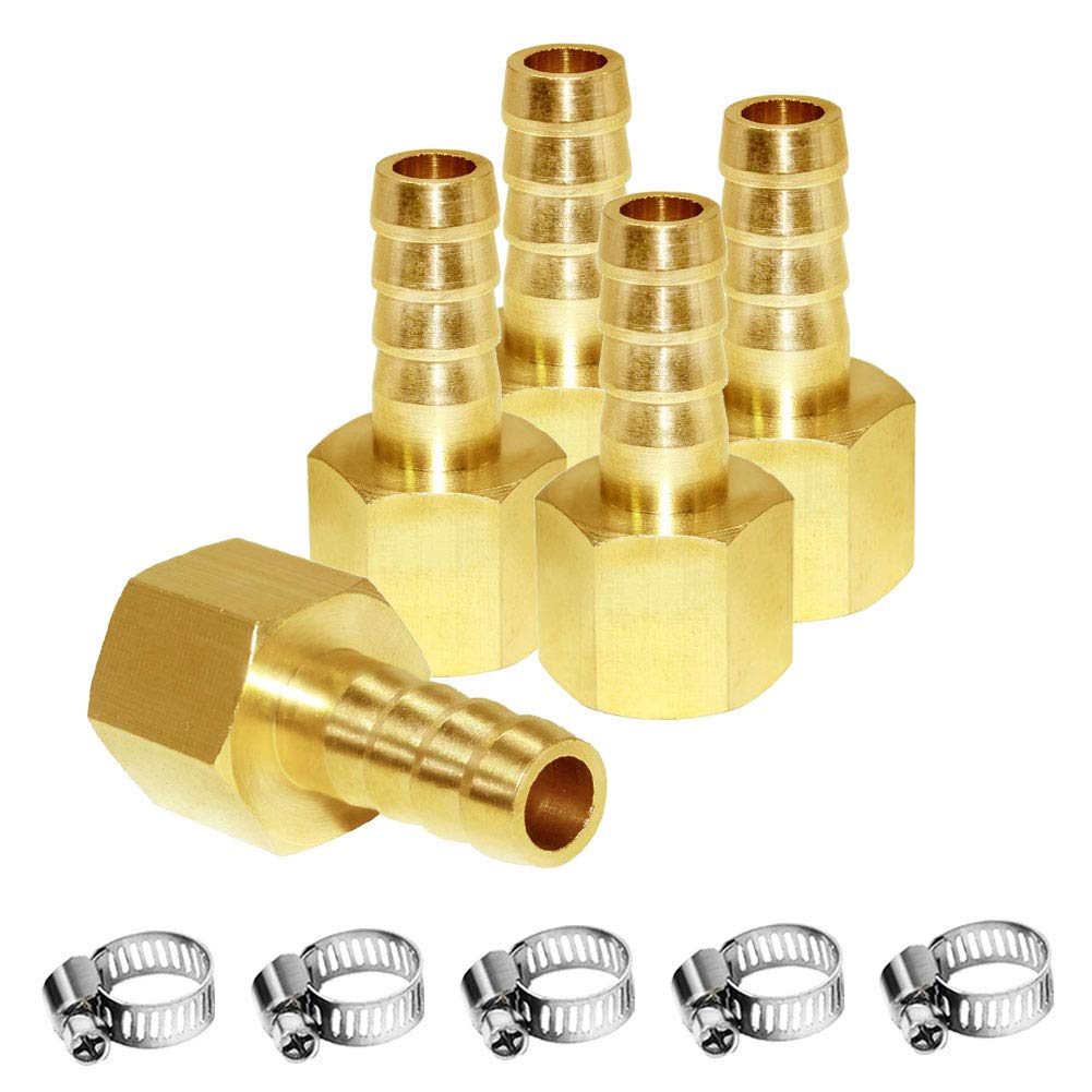 Joywayus Brass Hose Barb Fitting, 3/8" Barb x 1/4" NPT Female Pipe Fitting Adapter(Pack of 5) 3/8" Barb x 1/4" NPT Female-5pcs