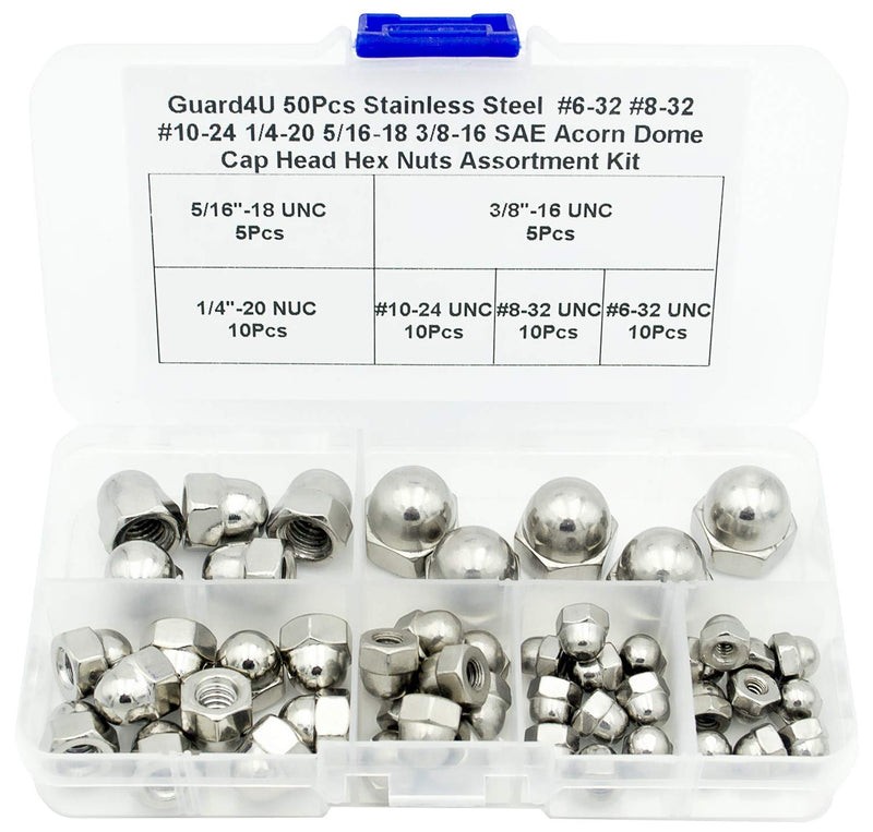 [Australia - AusPower] - 50Pcs 6-Kinds SAE Acorn Dome Cap Head Hex Nuts Assortment Kit -304 Stainless Steel #6-32#8-32#10-24 1/4-20 5/16-18 3/8-16 Hexagon Decorative Cap Nuts 