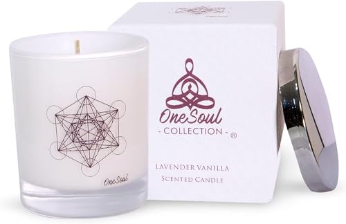 Lavender Vanilla Aromatherapy Candle, Floral Scented Candles, Luxury Candles Scented with Metatron’s Cube Symbol, Hand-Poured Soy Candle, 50 Hours Long Time, 7.6 oz. - OneSoul Collection Floral Lavender Vanilla