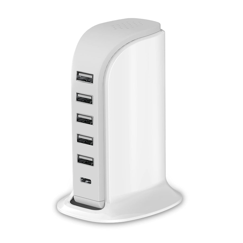 [Australia - AusPower] - Charging Station for Multiple Devices 40W Upoy, Wall Charger Block 5 USB Ports(Shared 6A), USB Charging Hub Smart IC, Charger Tower with Type-C 3A for iPhone iPad Tablets Smartphones, Home Office Use white charging station 
