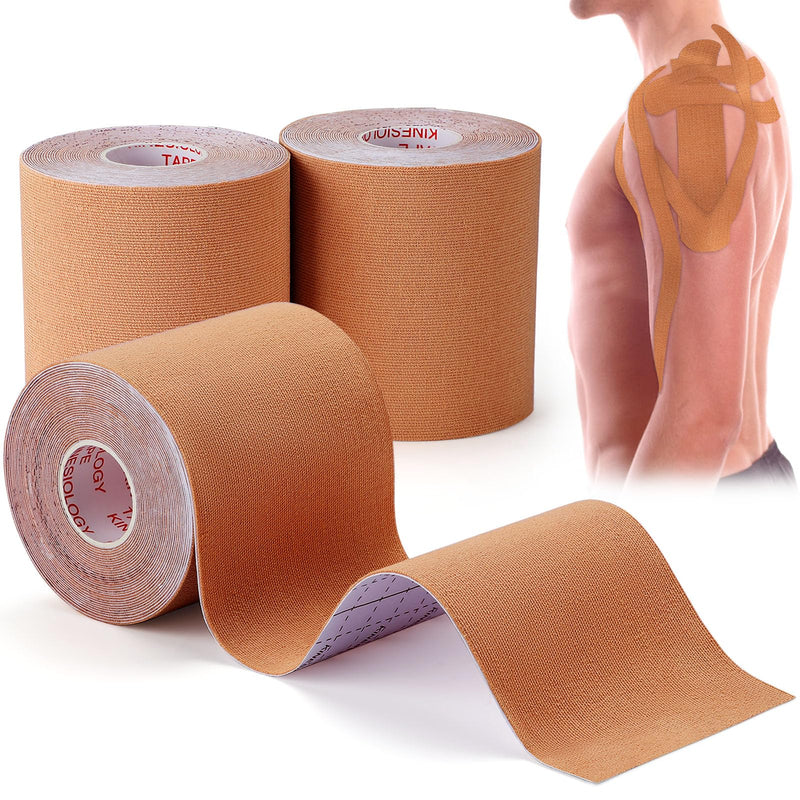 3 Pack Kinesiology Tape for Shoulder, Precision Width for Targeted Muscle Support, Waterproof Latex Free Cotton Elastic Athletic Tape for Pain Relief, Joint, Knee, Ankle - Beige 3in 5.5yd