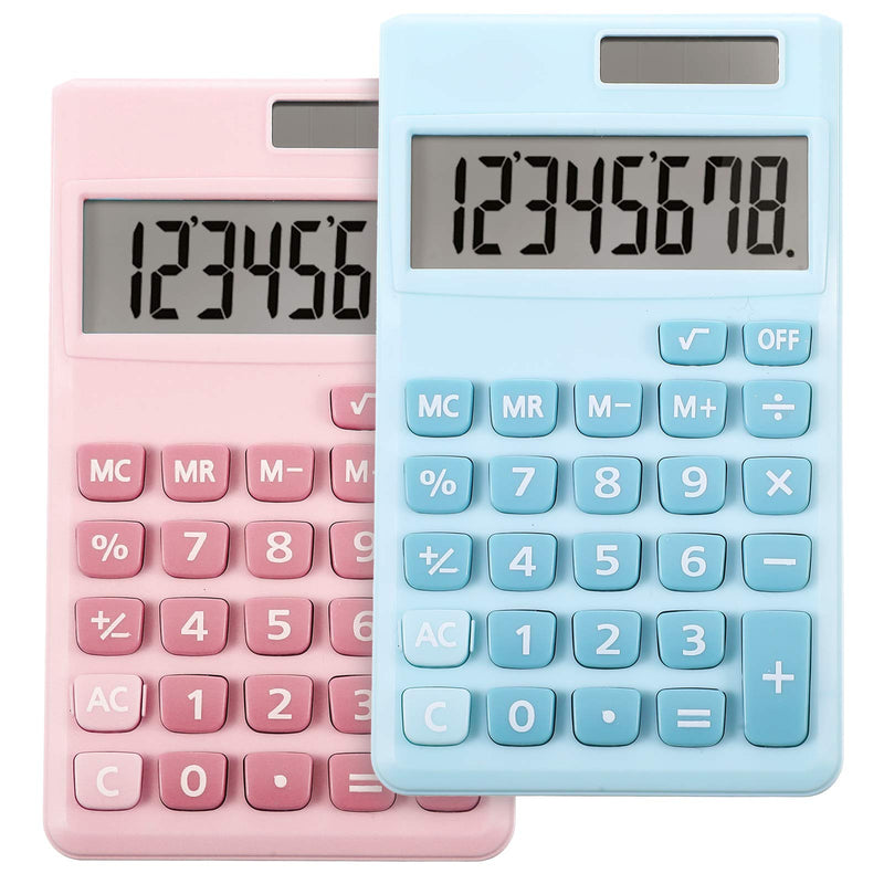 2 Pieces Basic Standard Calculators Small Digital Desktop Calculator with 8-Digit LCD Display, Battery Solar Power Smart Calculator Pocket Size for Kids for Home School (Blue, Pink) Blue, Pink