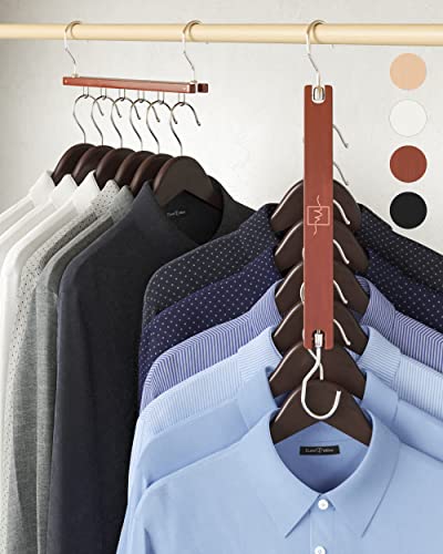 MORALVE Space Saving Hangers for Closet – 4 Pack European Beechwood 6-Tier Shirt Organizer with 360° Swivel Hook – Collapsible Clothes Hanger for Closet Organization (Hangers Not Included) Mahogany