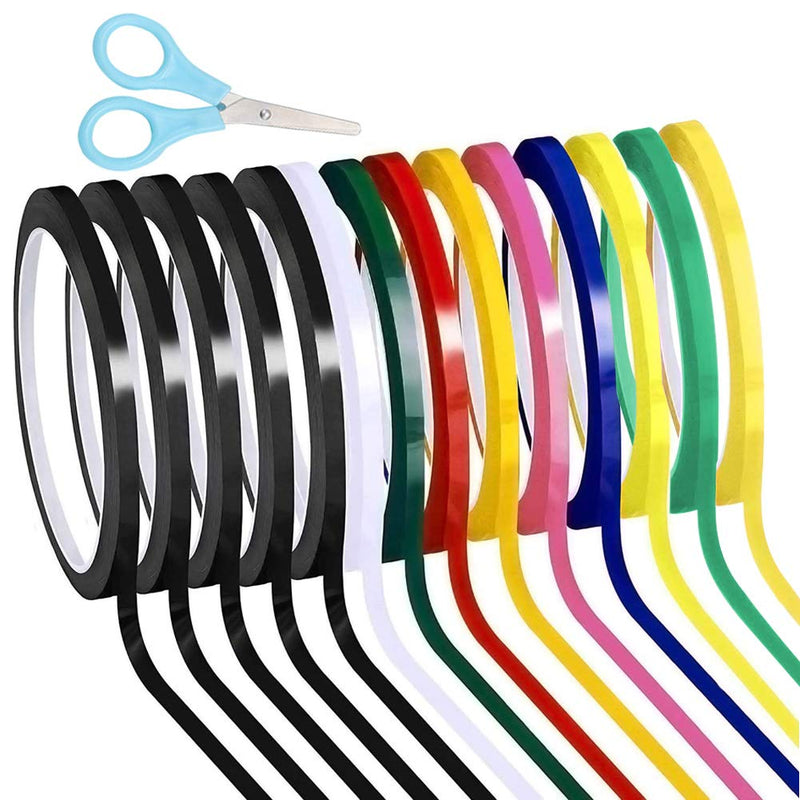 1/4 Pinstripe Whiteboard Dry Erase Tape Line Gridding Marking | 14 Rolls/ 166 Feet White Board Tape Mara Tapes Vinyl Self-Adhesive with a Scissor Multicolored