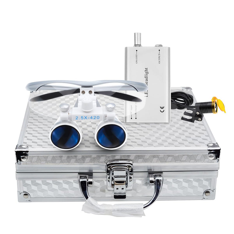[Australia - AusPower] - 2.5X Binocular Loupes Optical Glasses +3W LED Headlight Lamp with Filter + Aluminum Box Silver 