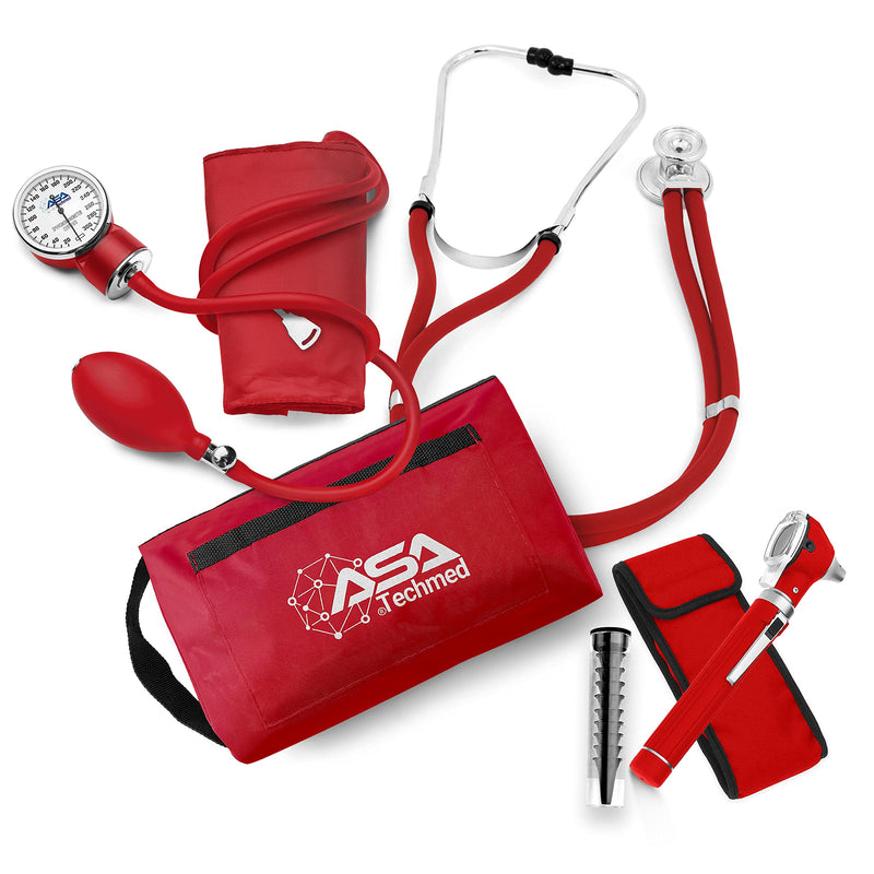 ASA TECHMED Nurse Essentials Professional Kit with Handheld Travel Case | 3 Part Kit Includes Adult Aneroid Sphygmomanometer Blood Pressure Monitor, Stethoscope, Diagnostic Otoscope (Red) Red