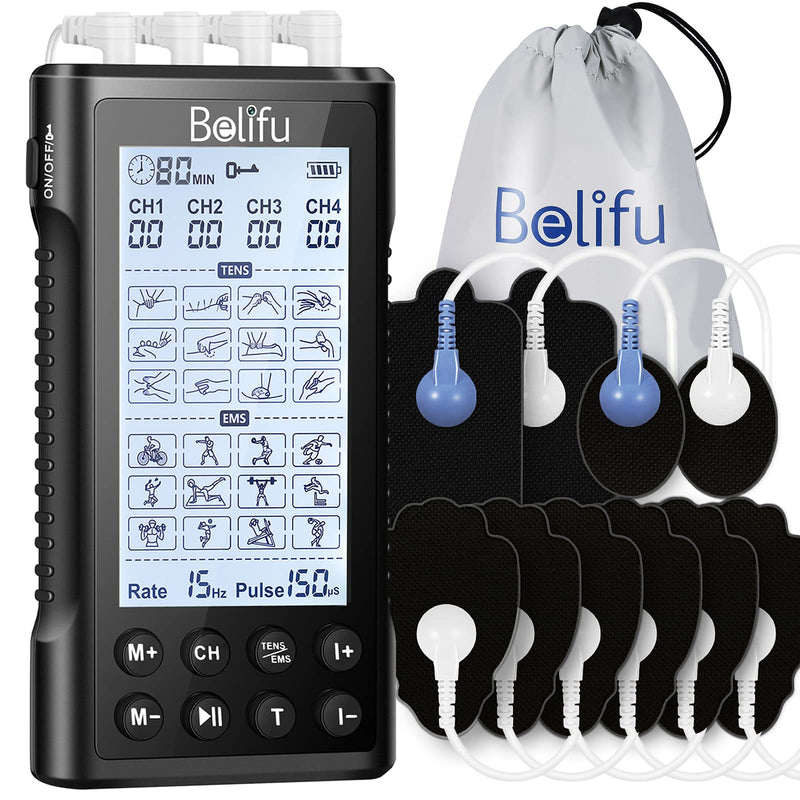 Belifu 4 Independent Channel TENS EMS Unit, 24 Modes,30 Level Intensity Muscle Stimulator Machine, Rechargeable Electric Pulse Massager with 10 Pads&5 Set Leads Wires, for Pain Relief Therapy(Black) Black