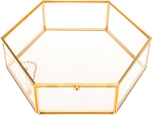 Large Glass Vintage Jewelry Box, Gold Hexagonal Jewelry Display Organizer Large - 8.7x7.5x2.4 inch