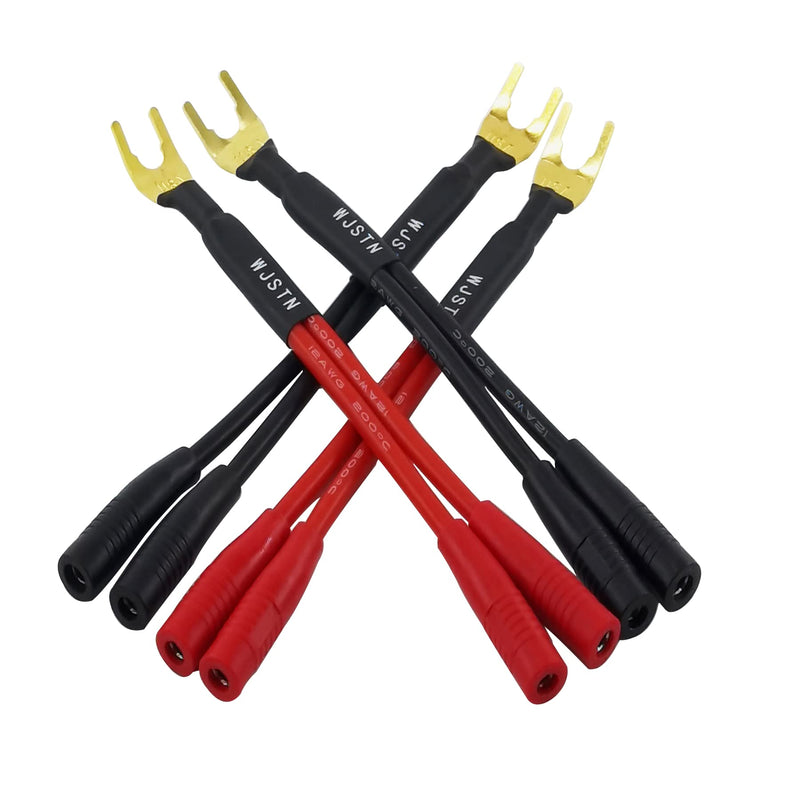 [Australia - AusPower] - WJSTN-012 3-in Spade Plug to Two Dual 4mm Banana Plug Audio Cable adapters ，45 Degree Type Y Plug Speaker distributors 4-Pack 