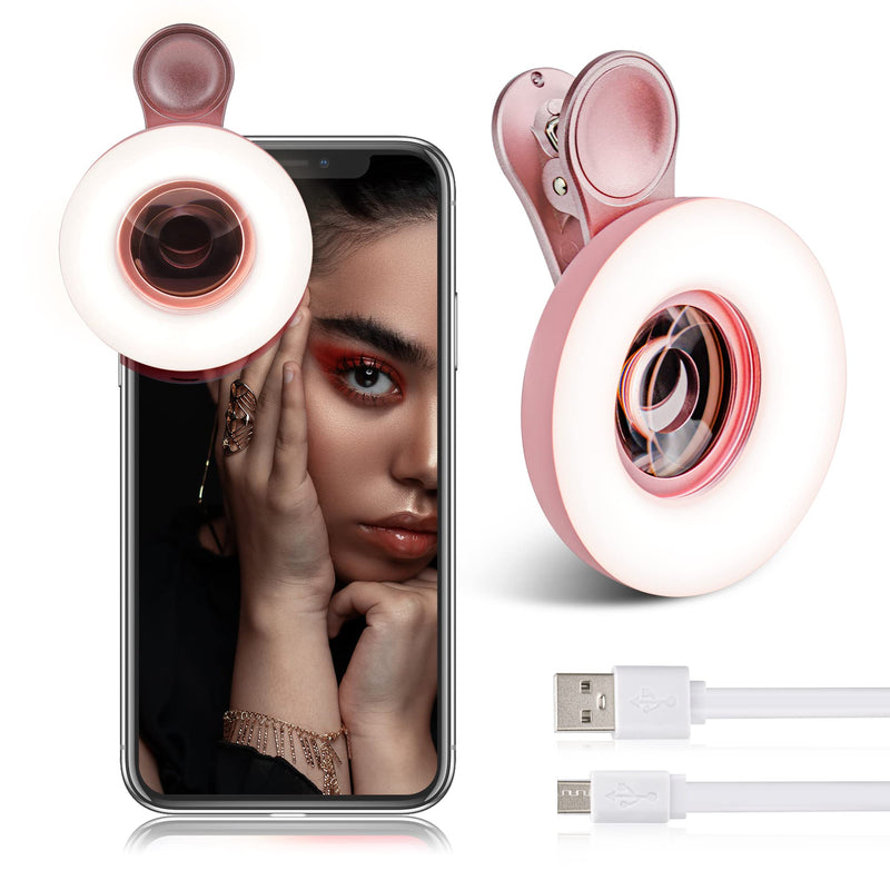 [Australia - AusPower] - Macro Lens for iPhone and Android with Mini Clip Ring Light, Portable Rechargeable Dimming, for Smart Phone Photography, Camera Video Recording, VLOG Pink 
