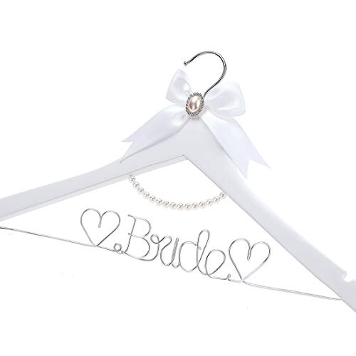 White Solid Wood Bridal Dress Hanger with Bridal Wire Lettering for Bridal Wedding Party Gift (White Hanger Silver Thread and Pearl Chain) White,silver