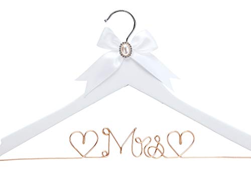 White Solid Wood Bridal Dress Hanger with Lady Wire Lettering for Bridal Wedding Party Gift (Rose Gold line White Hanger)