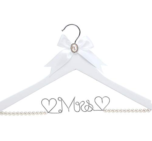 White Solid Wood Bridal Dress Hanger with Lady Wire Lettering for Bridal Wedding Party Gift (Pearl Silver Thread and White Hanger)