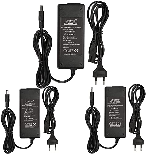 ledmo Pack of 3 12V 5A Power Supply Adapter, AC 100-240V to DC 12V 5A 60W | Compatible with LED light strips, monitors, TVs, DVD TVs, camera system SMD 5050/3528/5630 - Euro plug 5.5 x 2.5/2.1 mm 3 Pack 12V 5A 60W