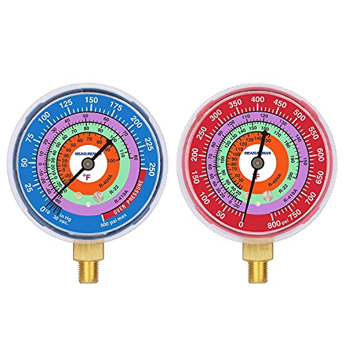 MEASUREMAN refrigeration pressure gauge kit with blue and red 2-3/4-inch dials and 1/8-inch NPT mounts