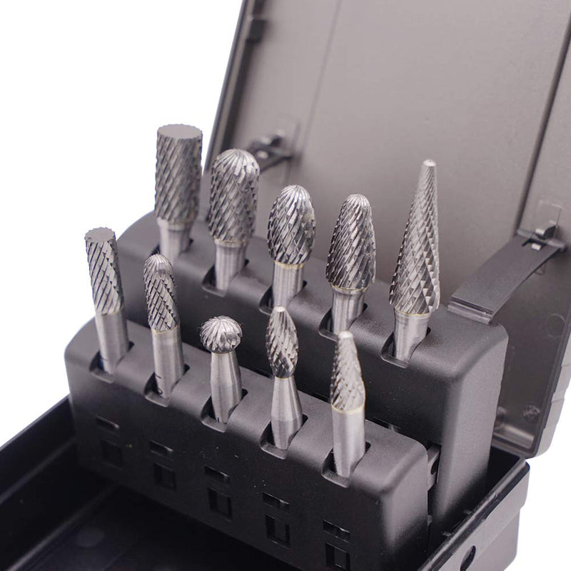 [Australia - AusPower] - Carbide Burrs Set 10pcs, Double Cut Solid Carbide Rotary Burr Set 1/4" Shank for Die Grinder Drill,Metal Carving, Polishing,Engraving,Drilling by LU&MN 10PCS-SET 