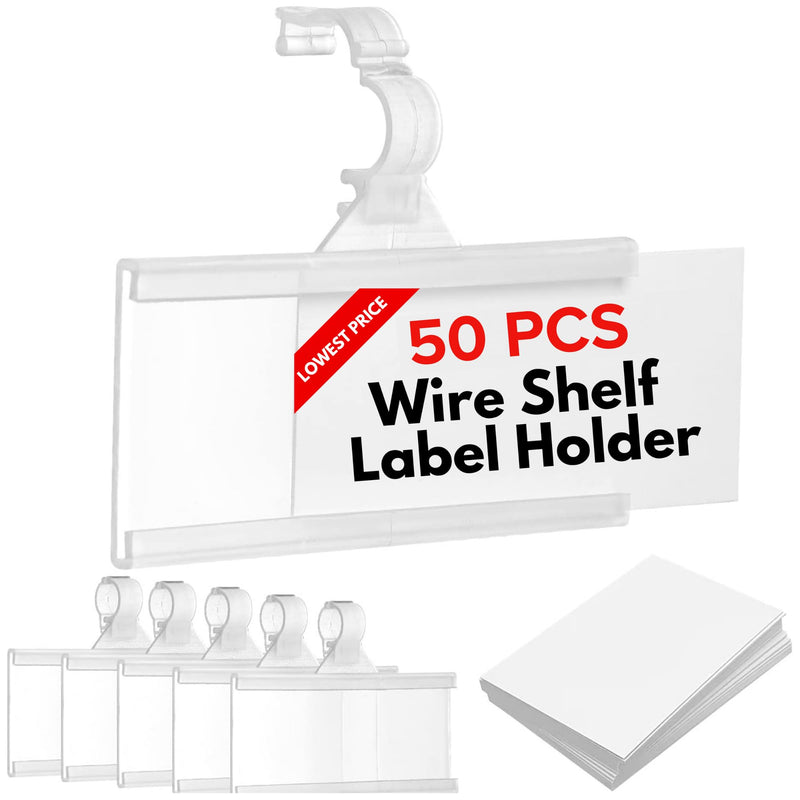 Reusable Plastic Wire Shelf Label Holder, for Pantry Retail Shopping Mall Store, Supermarket UPC Price Card & Ticket Display, Strong & Easy Clip Design Tight Snap Lock Closure. 1-1/4" H X 3" W (50) 50