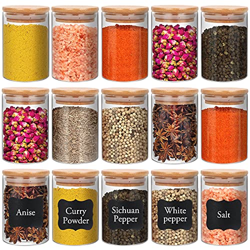 Set of 15 DHSBTLS glass food jars with bamboo lids, 8 oz capacity, ideal for kitchen and pantry storage.