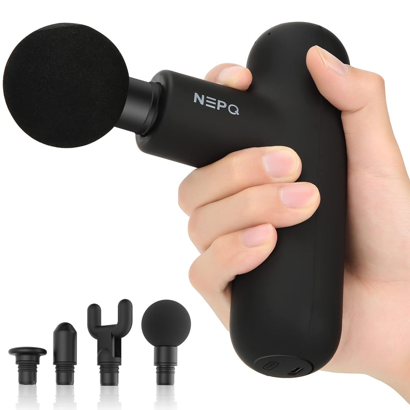 [Australia - AusPower] - NEPQ Mini Massage Gun, Powerful Fascial Gun Portable Deep Tissue Percussion Muscle Back Head Massager for Pain Relief with 4 Massage Heads High-Intensity Vibration Rechargeable Small Massage Gun Black 