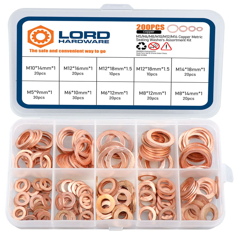 [Australia - AusPower] - 200pcs Copper Crush Metric Washers Assortment Kit Flat Sealing Washer M5 M6 M8 M10 M12 M14 (9 Sizes) 