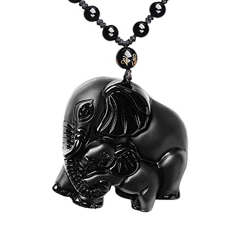 ASGIFT Obsidian Lucky Necklace Power Stone Amulet Protection Pendant with Adjustable Bead Chain Healing Crystal Spiritual Gift Elephant Mother