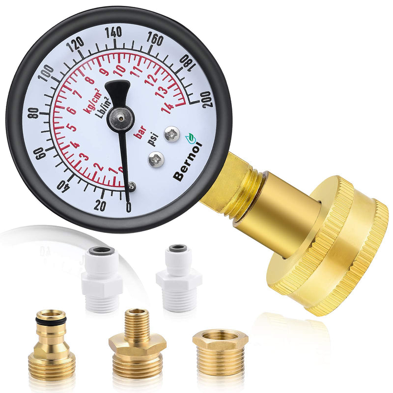 [Australia - AusPower] - Water Pressure Gauge Kit,Universal Water Pressure Test Gauge with Lead-Free Brass Hose Fittings,3/4" Female Coupler Plus 5 Adapters to Test in Multiple Systems,0-200 Psi Hydraulic Pressure Tester 2.1" Dial 