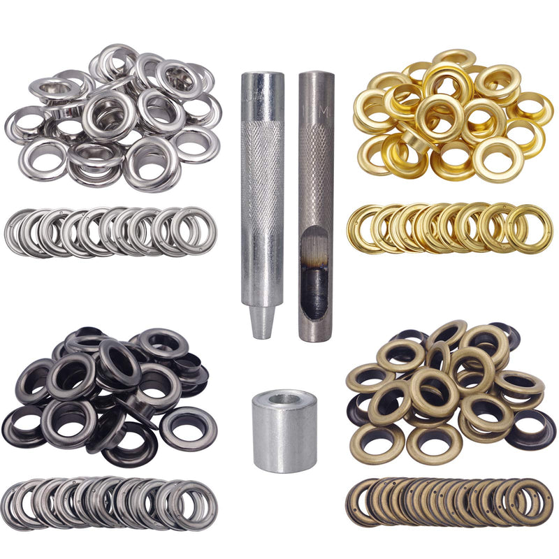 Wolfride 100 Sets Brass Grommet kit 10mm 3/8" Inside Diameter Canvas Fabric Grommet Kit Tarp Eyelet kit (4 Colors)