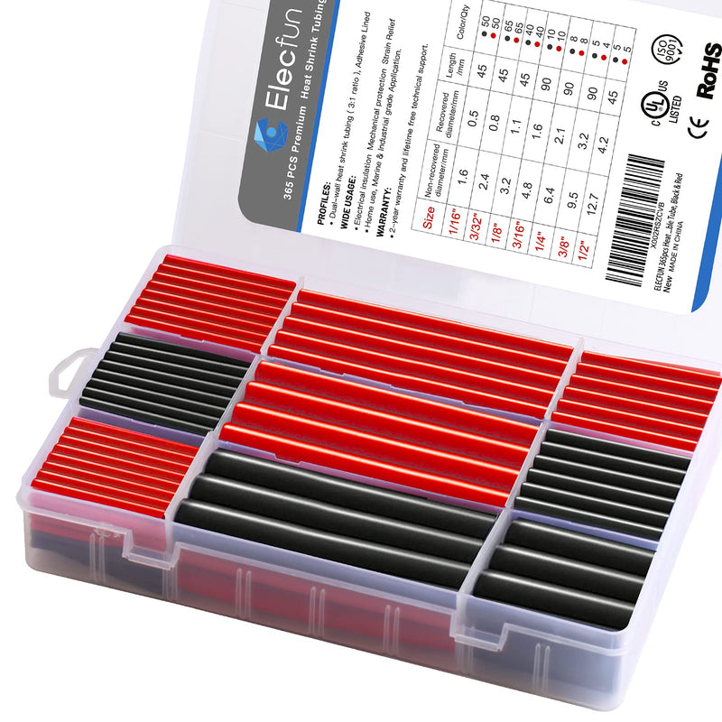 [Australia - AusPower] - ELECFUN Waterproof Heat Shrink Tubing Kit 365 pcs, 3:1 Dual Wall Tube - Adhesive Lined Heatshrink for Wires - Marine Grade and Industrial Shrinkable Wiring Wrap Fully Insulation Black/Red, 7 Sizes 3:1 Ratio Tube Adhesive Lined 365PCS-black/red 