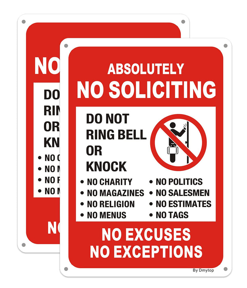 [Australia - AusPower] - 2 Pack Absolutely No Soliciting Yard Sign for House -10" x 7" No Excuses No Exceptions Do Not Ring Bell No Knock Metal Sign for Front Door，UV Protectd Rust & Fade Resistant 10" x 7" 